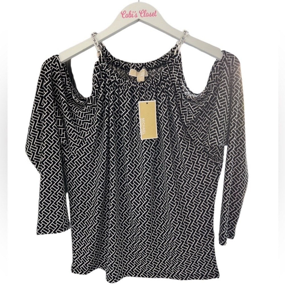 Michael Kors Cold Shoulder Long Sleeve Blouse, NWT, Size-M, Color-Black/White